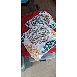 EMBROIDERED  SCROLL  CANVAS  PILLOW COVER Gray, Yellow, Teal  16.5x26.5